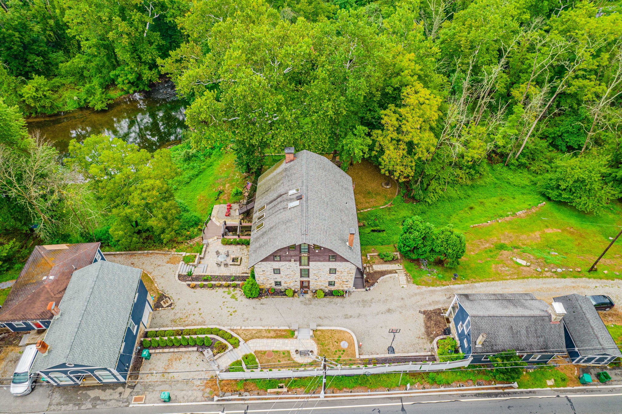 Aerial drone view of Beattystown Mill and the Musconetcong River