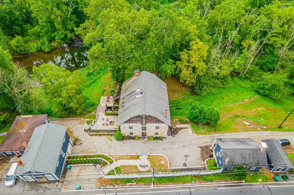 Aerial view of Beattystown Mill and the Musconetcong River